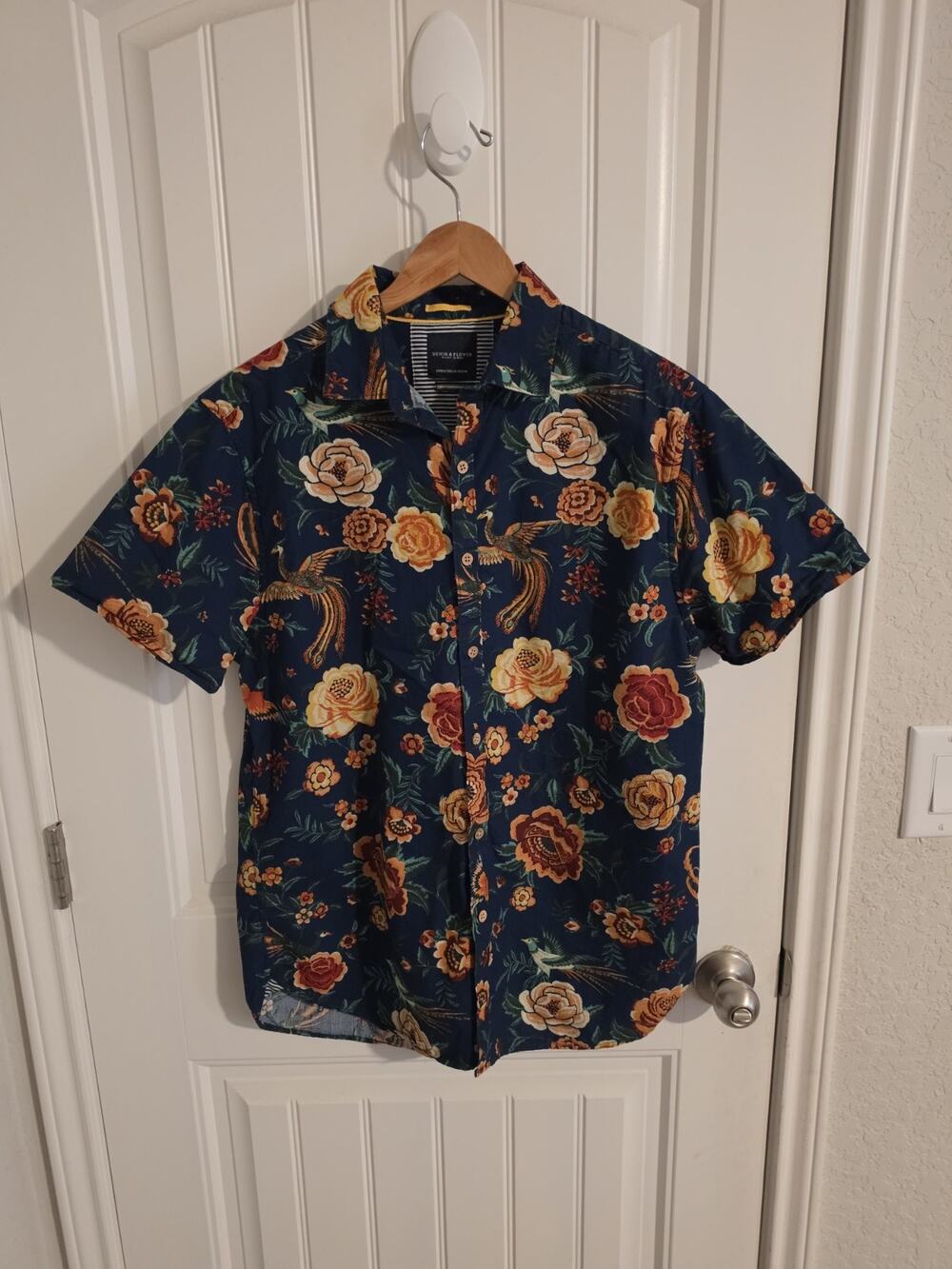 Denim & Flower Ricky Singh Men’s M Floral Pheasant Bird Shirt Button Up Navy